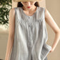 Women Casual Solid Spliced O-Neck Button-up Linen Vest