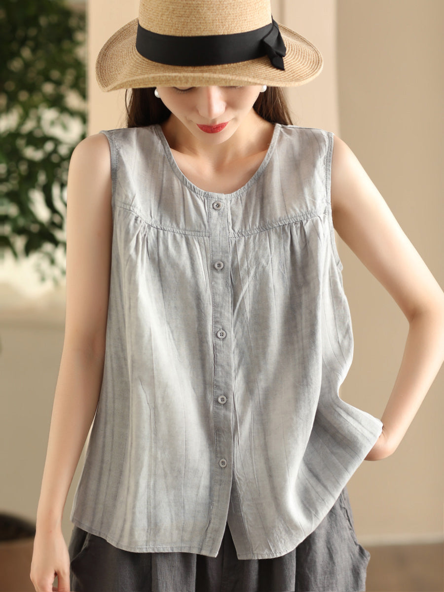 Women Casual Solid Spliced O-Neck Button-up Linen Vest