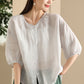 Women Summer Vintage Solid Button O-Neck Thin Ramie Shirt