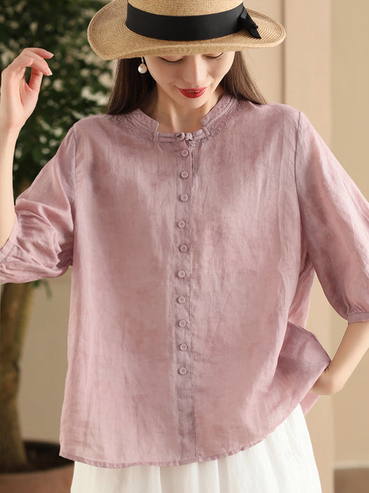 Women Summer Embroidery Vintage Button Ramie Shirt