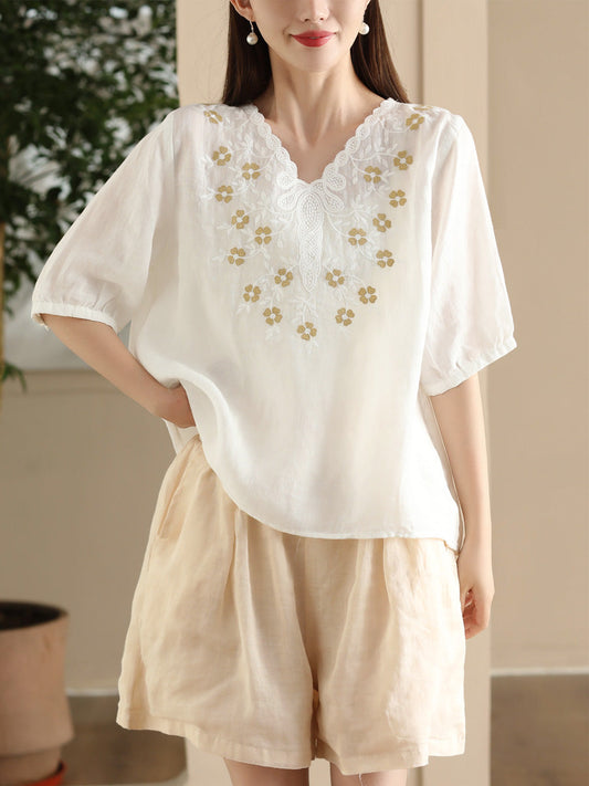 Women Summer Artsy Flower Embroidery Ramie V-Neck Shirt