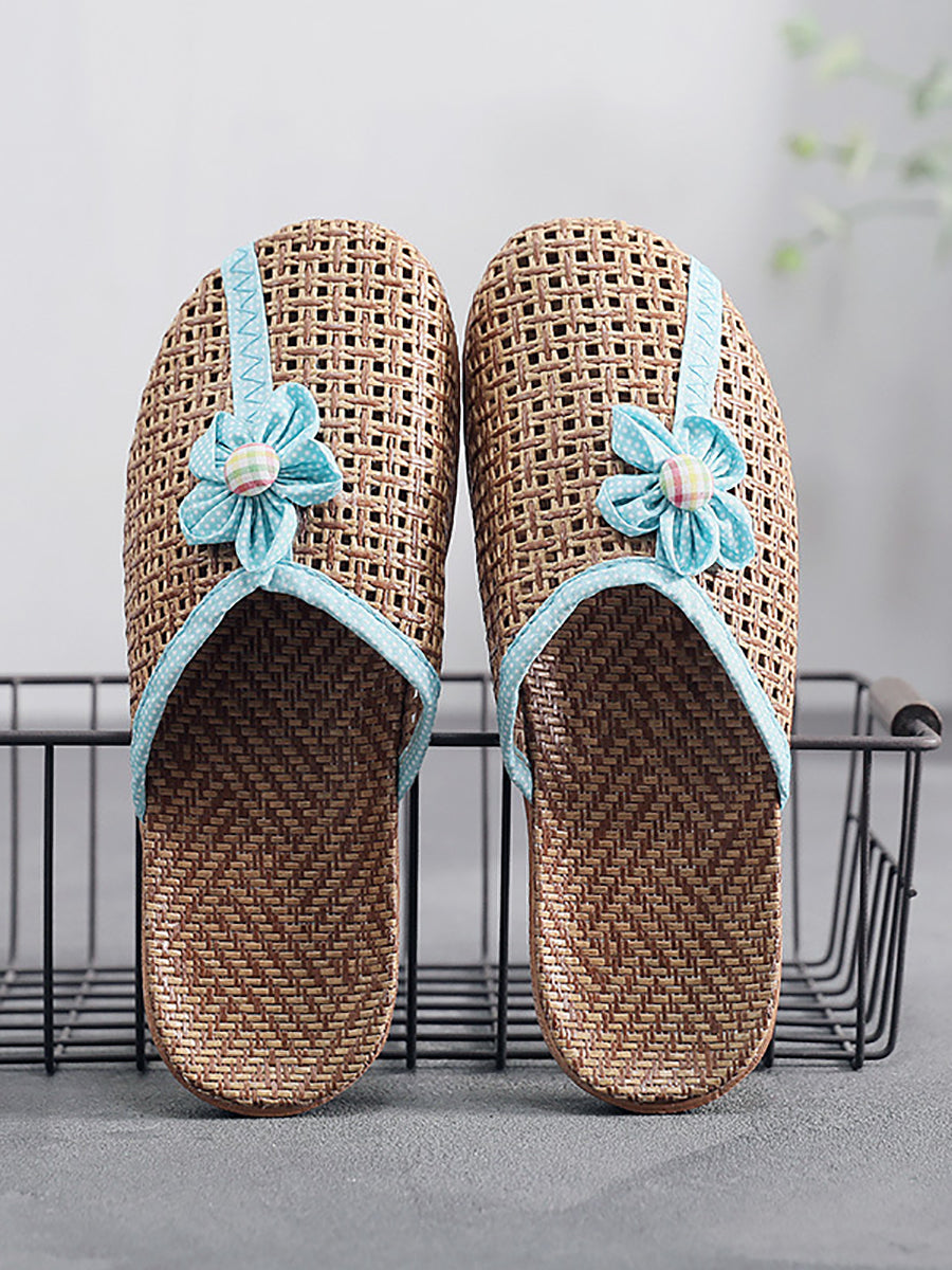 Couple Summer Straw Weave Flower Indoor Flat Slippers