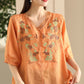 Women Summer Vintage Flower Embroidery Lace Ramie Shirt