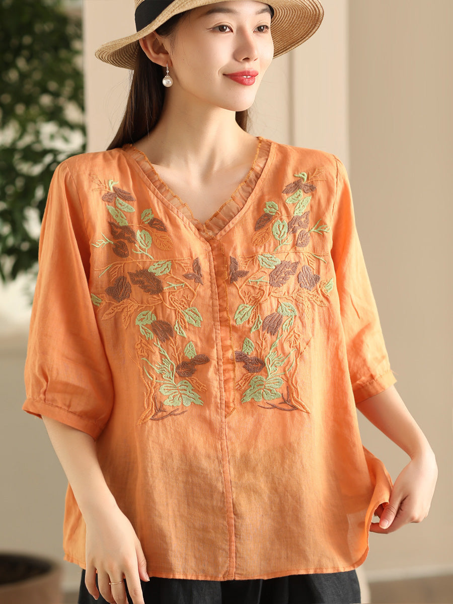 Women Summer Vintage Flower Embroidery Lace Ramie Shirt