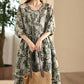 Women Summer Artsy Floral O-Neck Shirred Ramie Dress