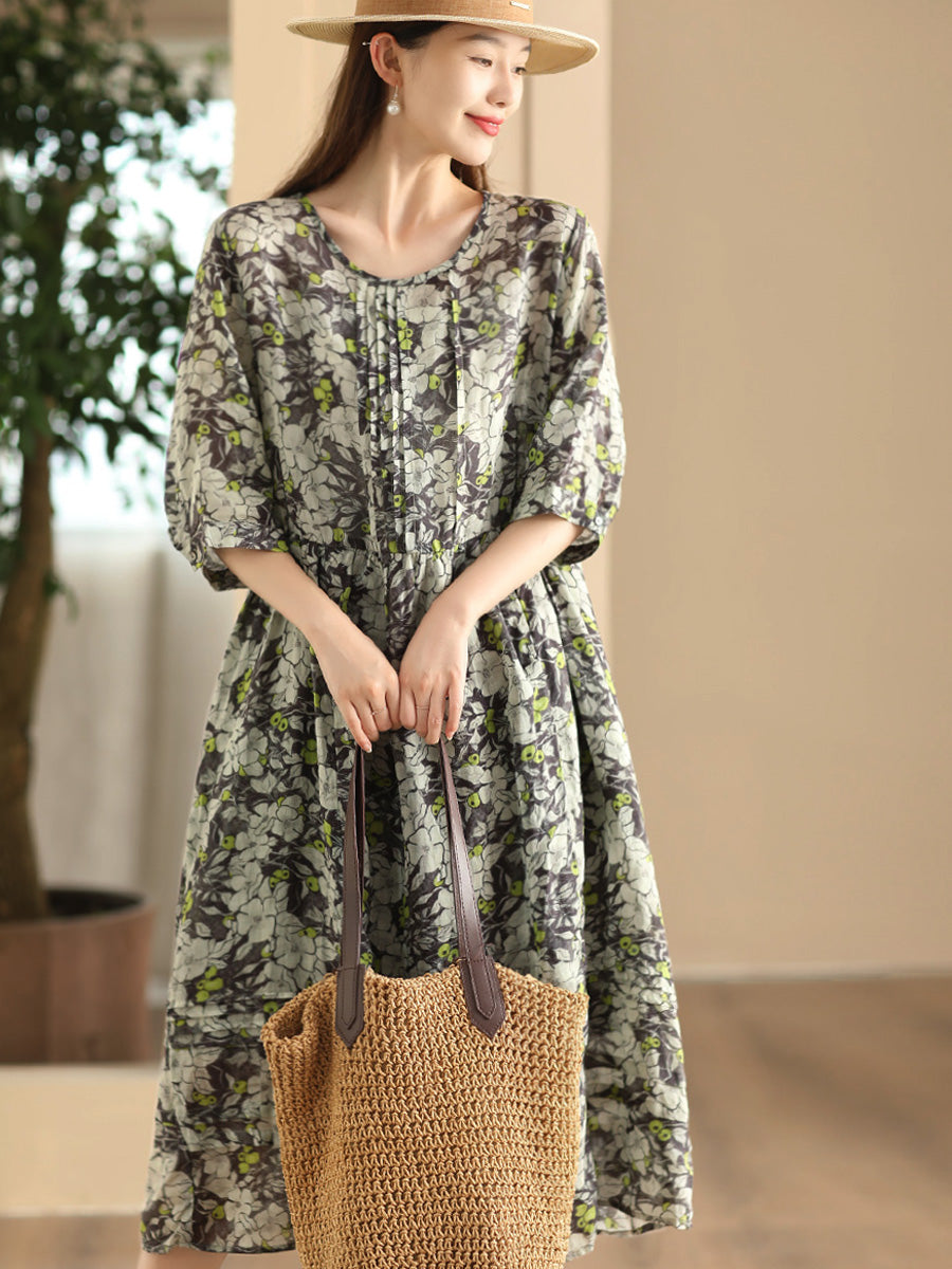 Women Summer Artsy Floral O-Neck Shirred Ramie Dress