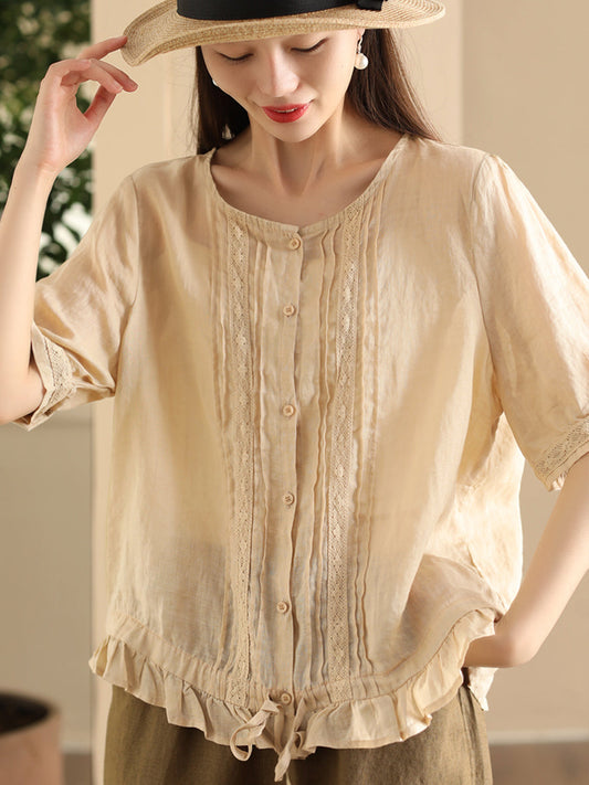 Women Summer Vintage Embroidery Button-up Strap Ramie Shirt