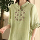 Women Summer Vintage Embroidery Turn-down Collar Ramie Shirt