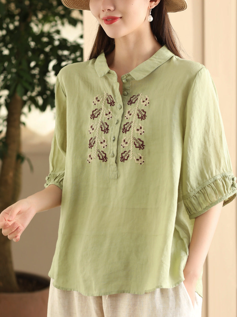 Women Summer Vintage Embroidery Turn-down Collar Ramie Shirt