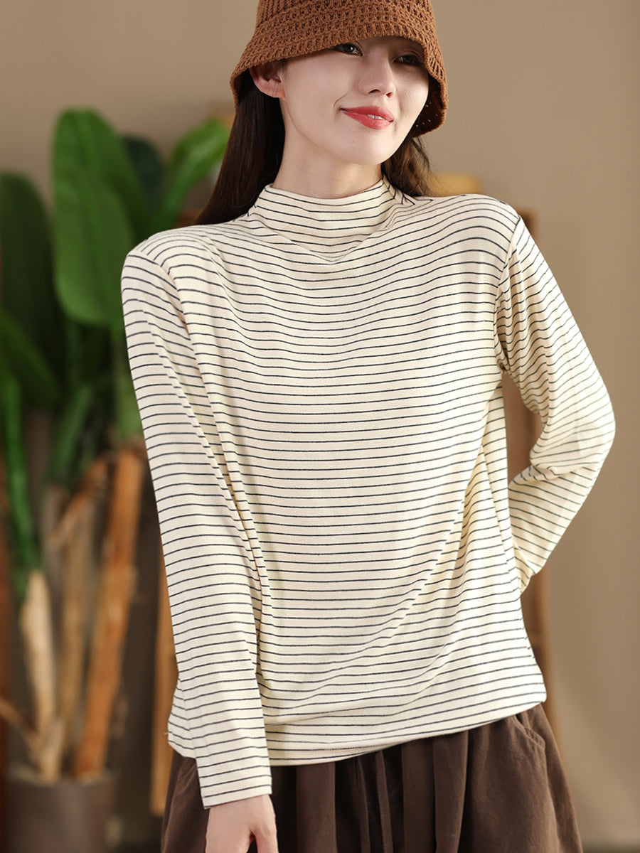 Women Autumn Casual Stripe Half Turtleneck Blouse