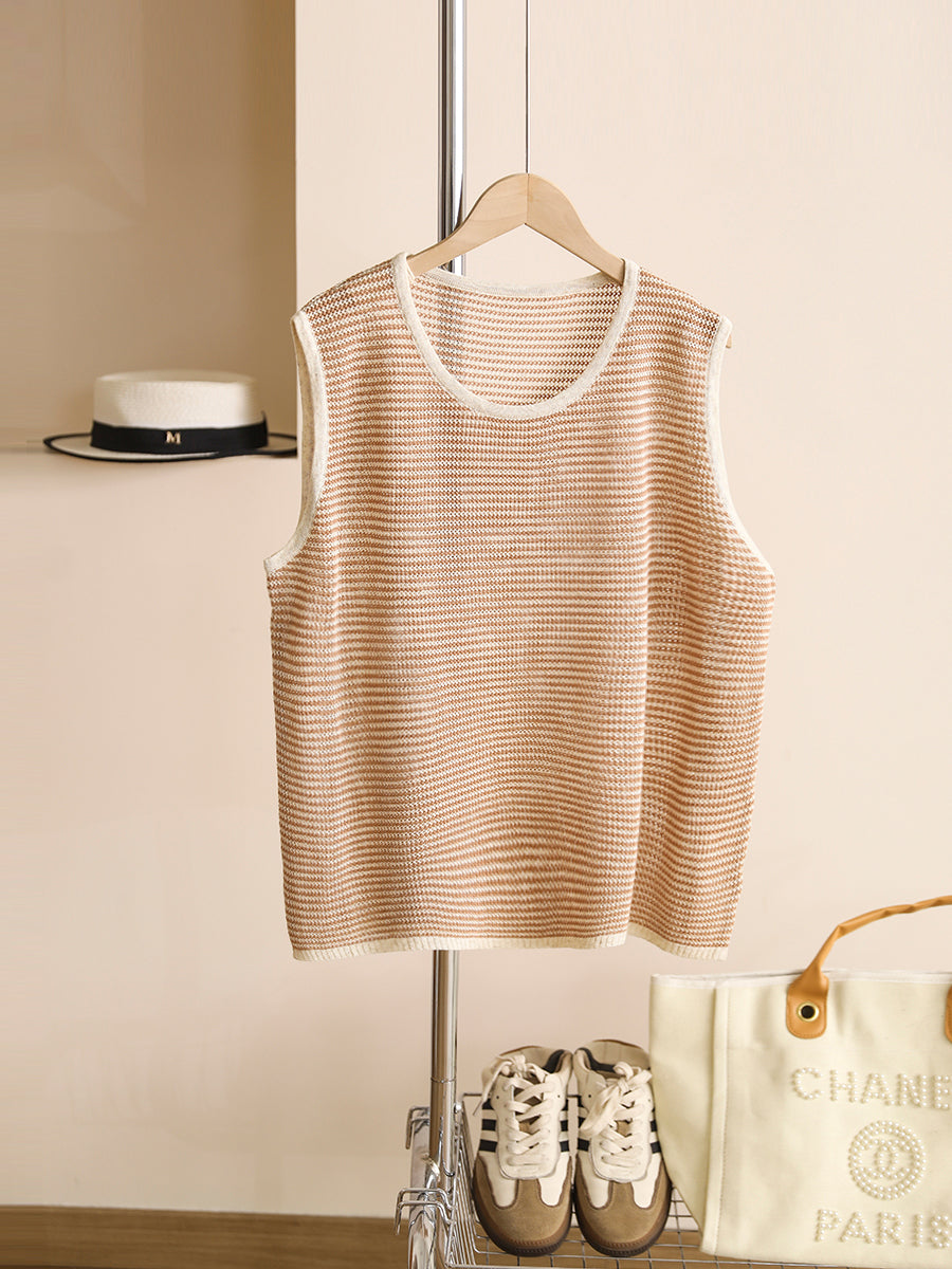 Women Summer Casual Stripe Linen O-Neck Vest