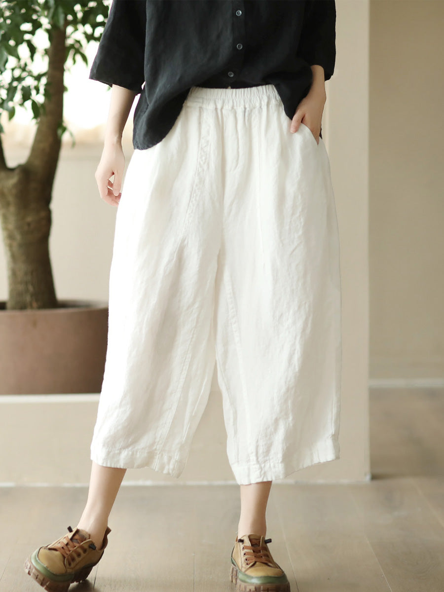 Women Summer Retro Solid Linen Loose Harem Pants