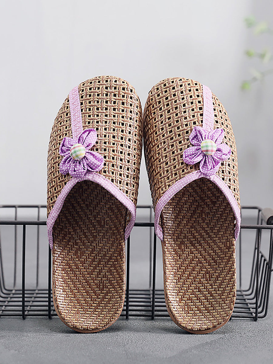 Couple Summer Straw Weave Flower Indoor Flat Slippers