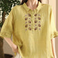 Women Summer Vintage Embroidery Turn-down Collar Ramie Shirt