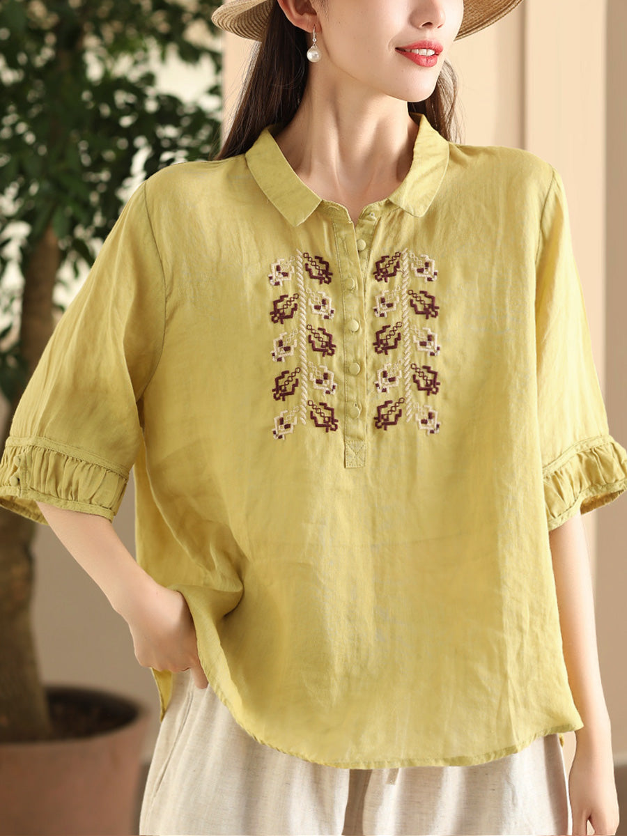 Women Summer Vintage Embroidery Turn-down Collar Ramie Shirt