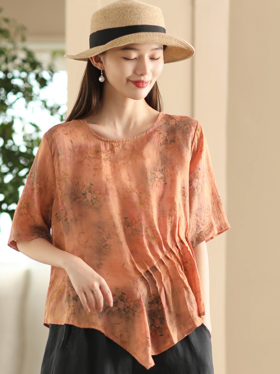 Women Summer Artsy Floral Shirred Ramie Shirt