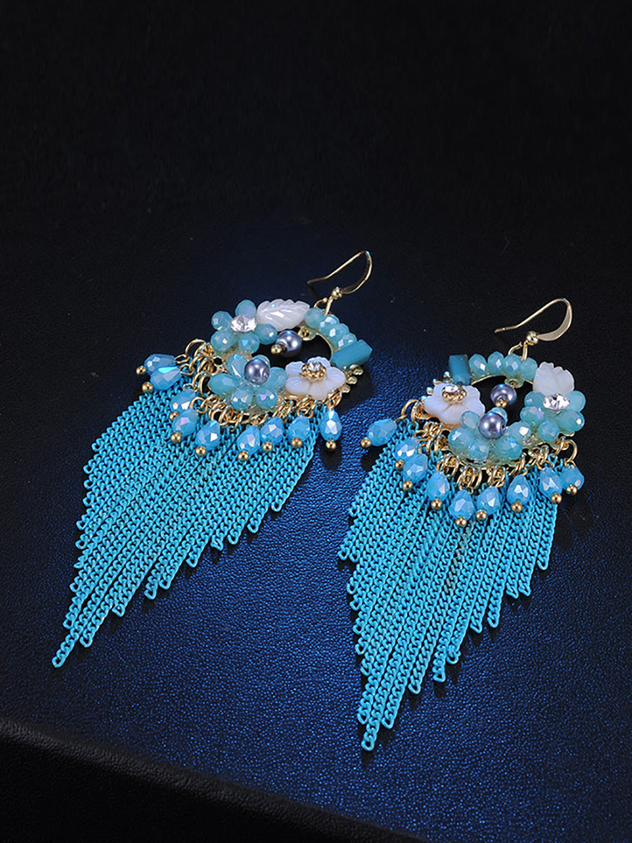 Bohemia Women Tassel Bead Flower Alloy Earrings