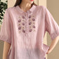 Women Summer Vintage Embroidery Turn-down Collar Ramie Shirt