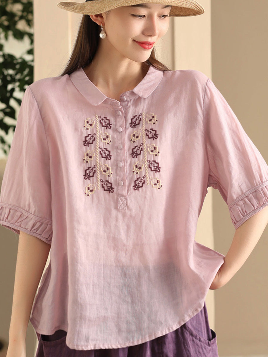 Women Summer Vintage Embroidery Turn-down Collar Ramie Shirt