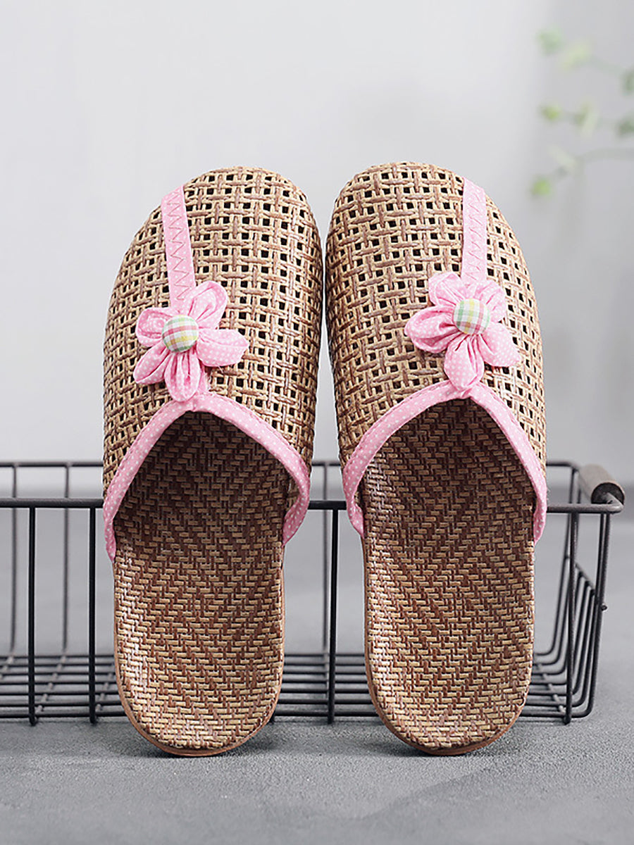 Couple Summer Straw Weave Flower Indoor Flat Slippers