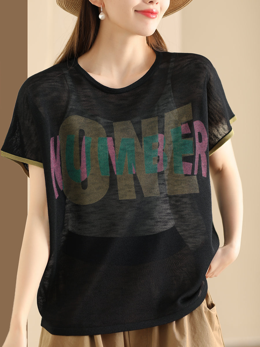 Women Summer Letter Printing Knitted Loose Shirt