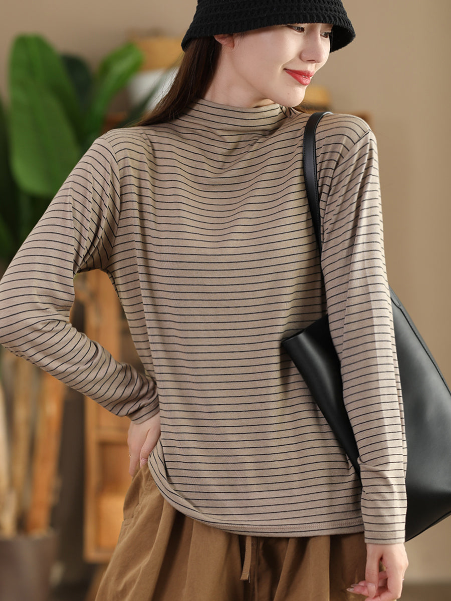 Women Autumn Casual Stripe Half Turtleneck Blouse