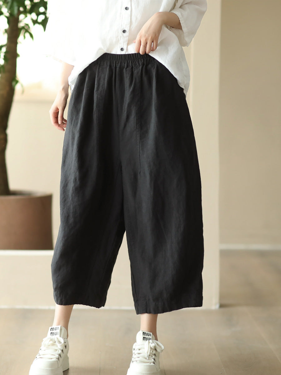 Women Summer Retro Solid Linen Loose Harem Pants