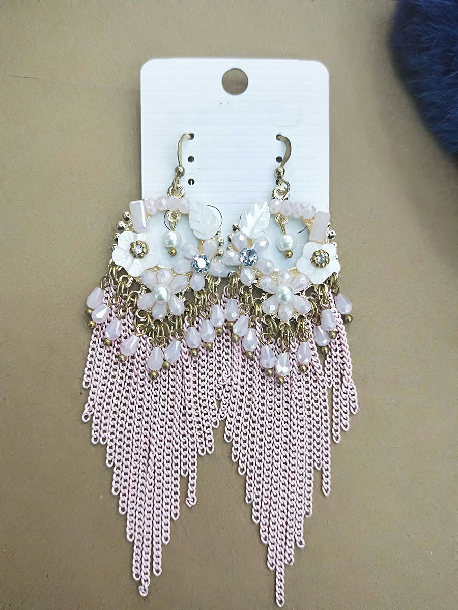 Bohemia Women Tassel Bead Flower Alloy Earrings