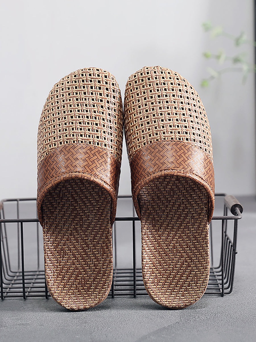 Couple Summer Straw Weave Flower Indoor Flat Slippers