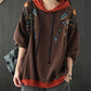 Plus Size Women Autumn Leaf Hooded Colorblock 100%Cotton Sweatshirt