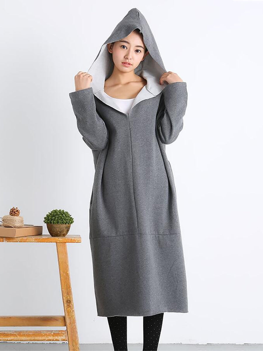 Plus Size Women Casual Pure Color Loose Pocket Hooded Dress