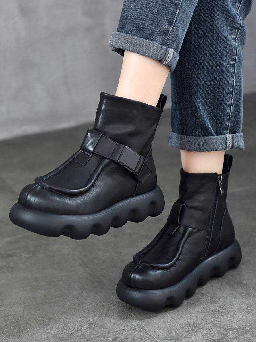 Women Casual Soft Leather Spliced Platform Boots