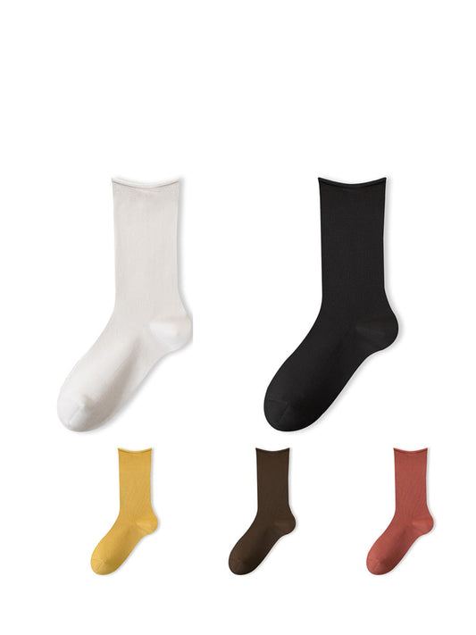 5 Pairs Women Casual Solid Cotton Mid-leg Socks