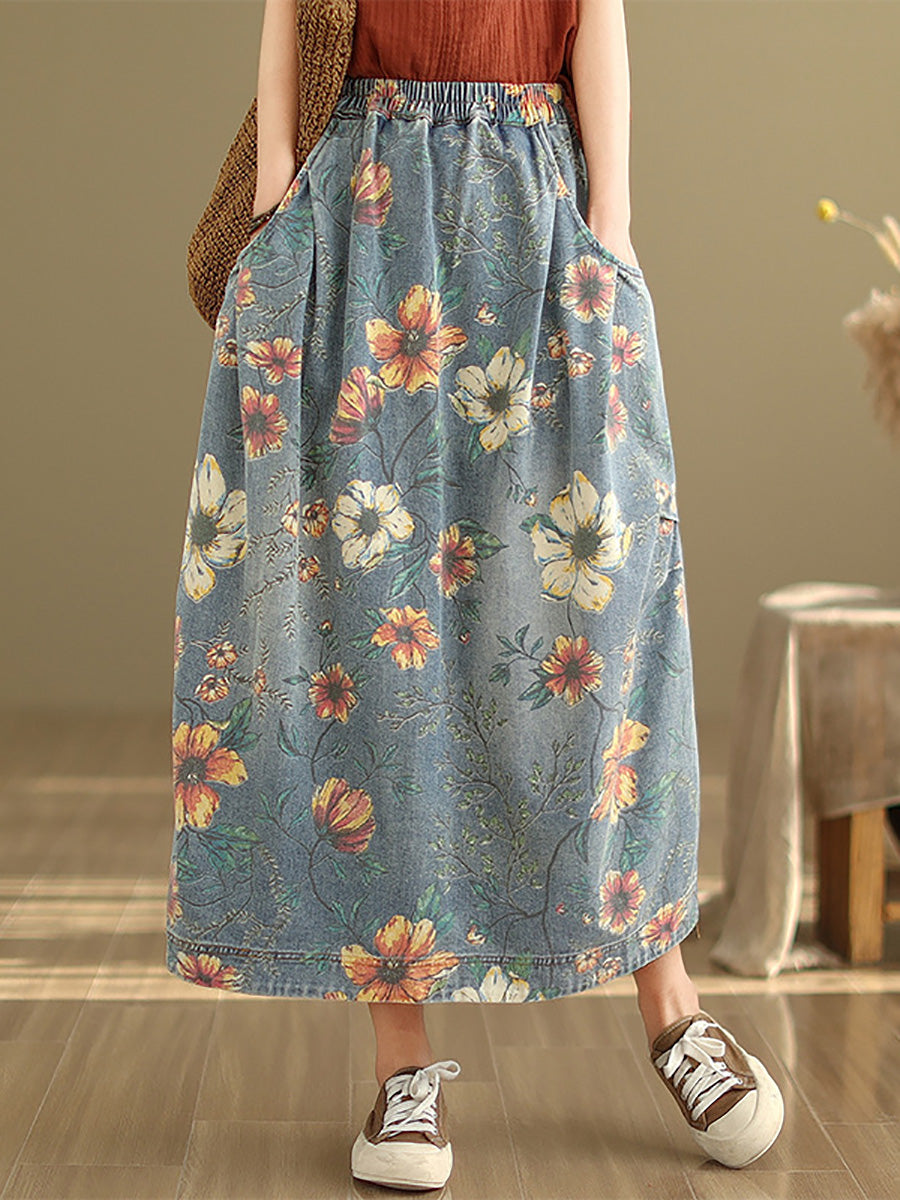 Women Artsy Flower Loose Summer Denim Skirt