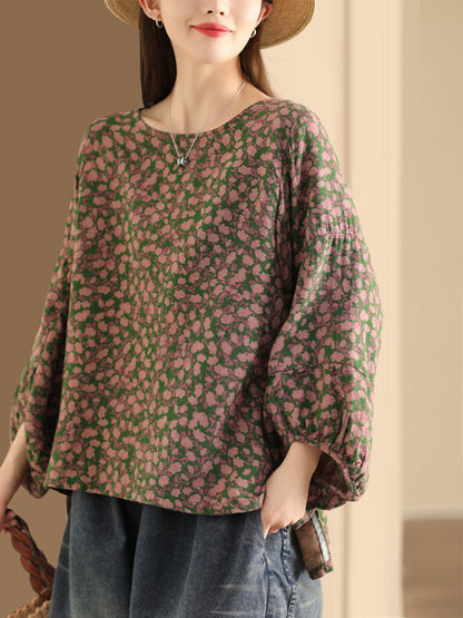 Women Vintage Floral Lantern Sleeve Cotton Shirt