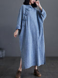 Women Ethnic Vintage Spring Buckle Denim Loose Dress