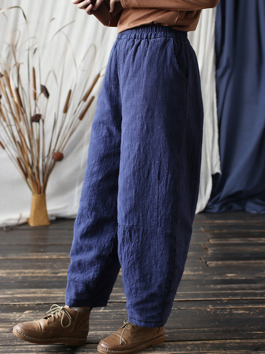 Women Vintage Winter Solid Ramie Padded Harem Pants