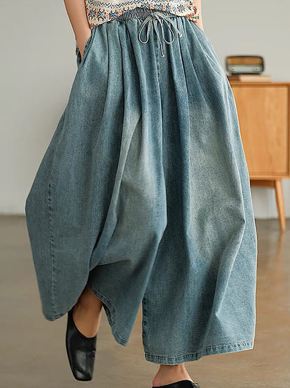 Women Casual Worn Solid Soft Wide-leg Denim Pants