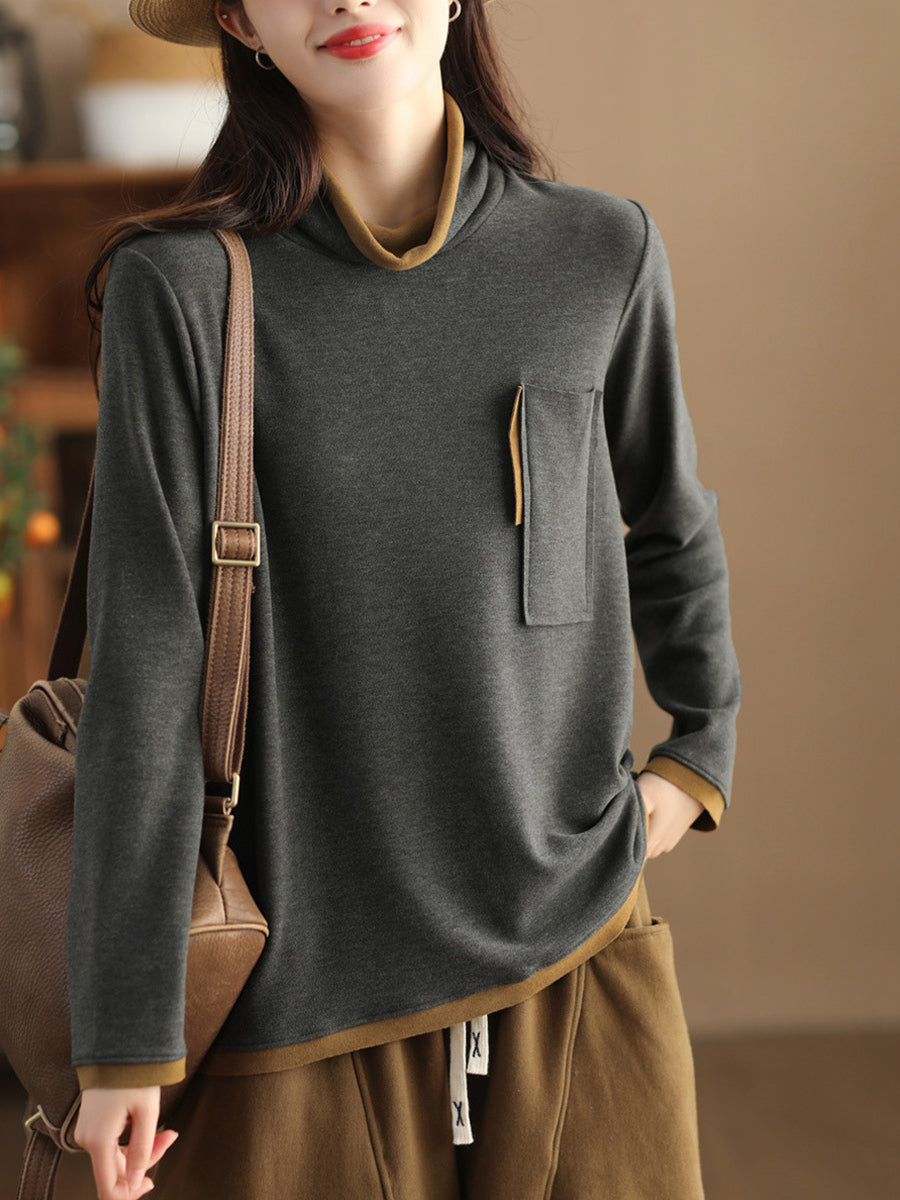 Women Fashion Turtleneck Spliced Warm Bottom Shirt