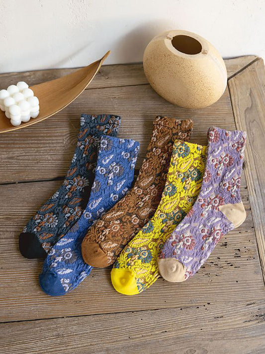 5 Pairs Women Vintage Flower Jacquard Socks