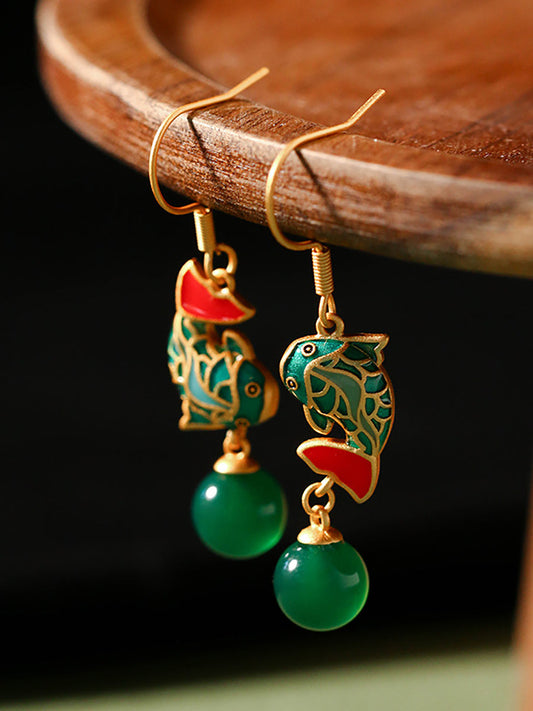 Women Ethnic Green Agate Cloisonne Fish Copper Earrings