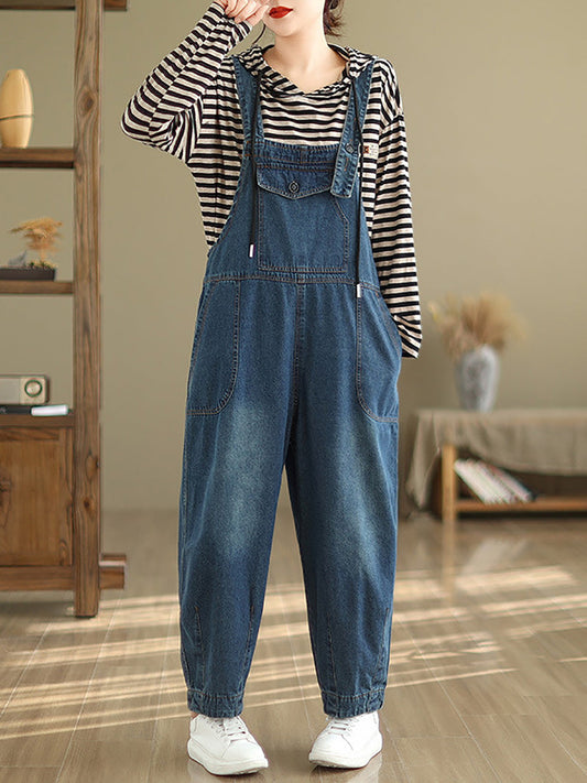 Women Spring Retro Solid Denim Jumpsuits