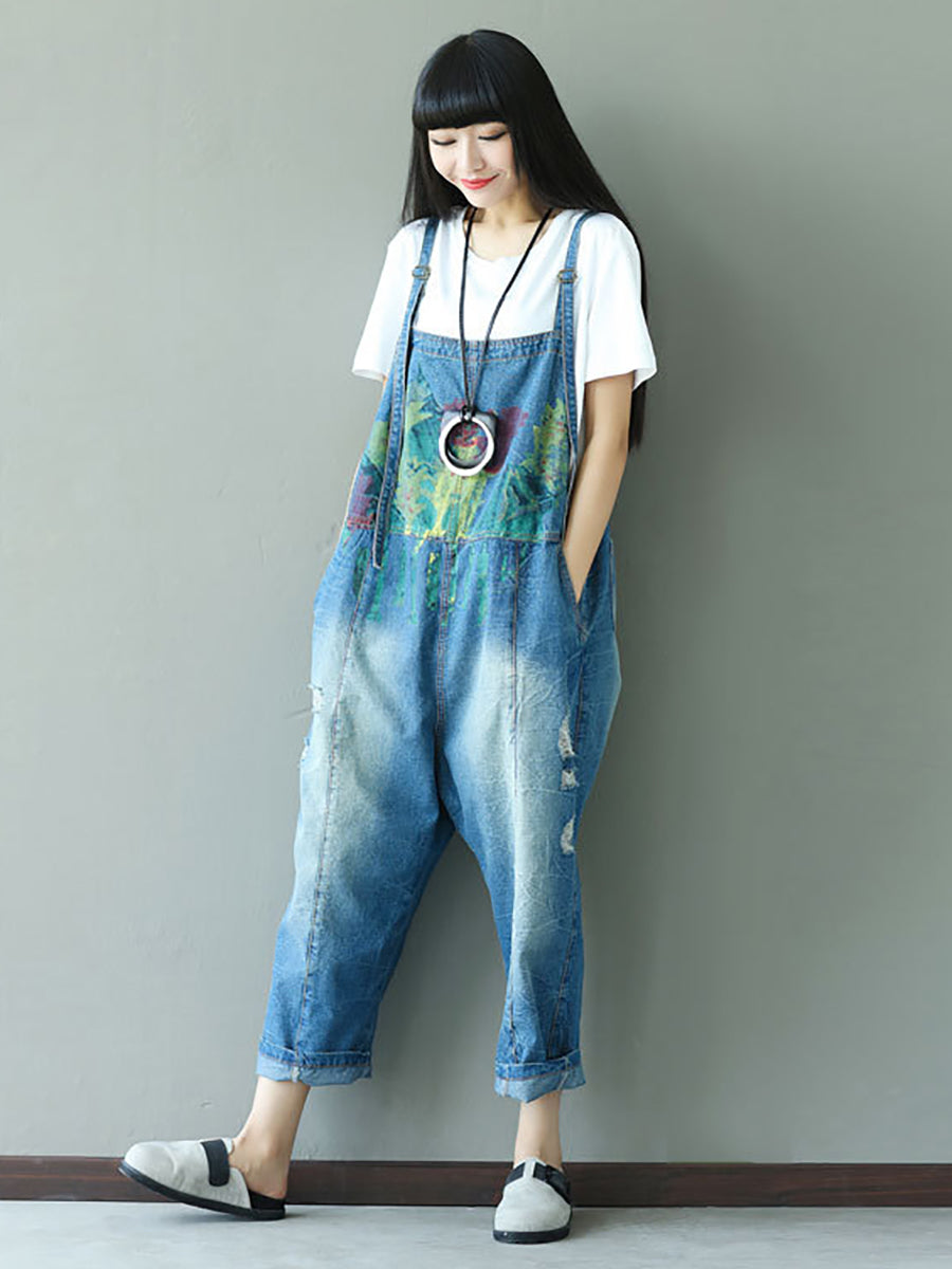 Women Summer Retro Splash-ink Pocket Loose Denim Jumpsuits