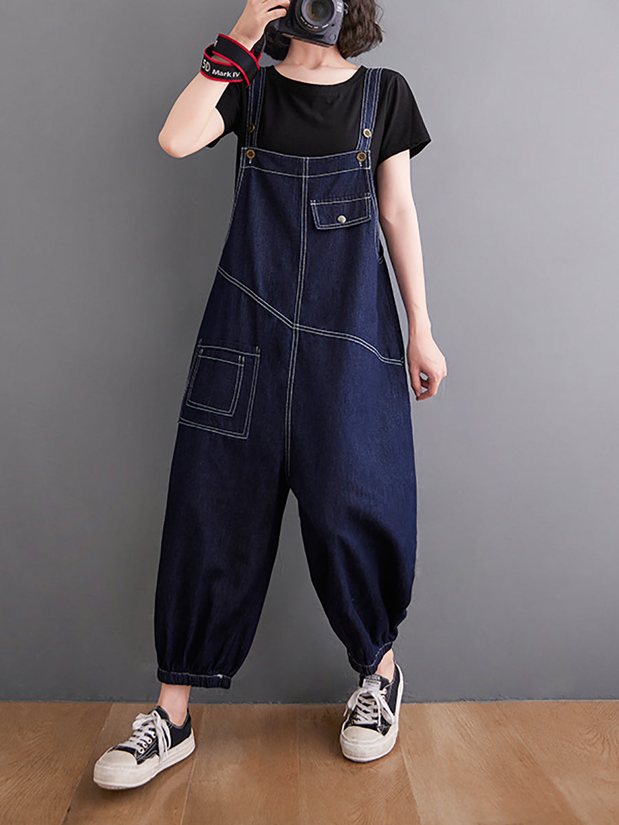 Women Vintage Solid Stitching Loose Denim Jumpsuits