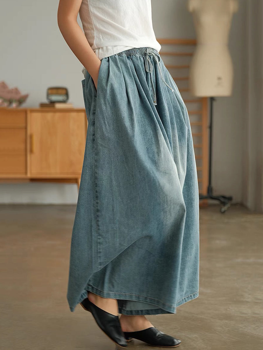 Women Casual Worn Solid Soft Wide-leg Denim Pants