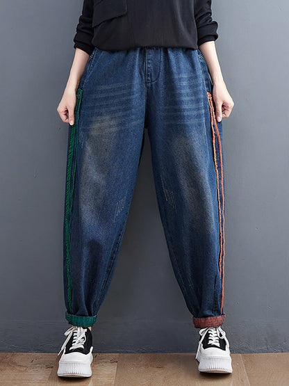 Women Casual Spring Colorblock Raw-edge Denim Pants