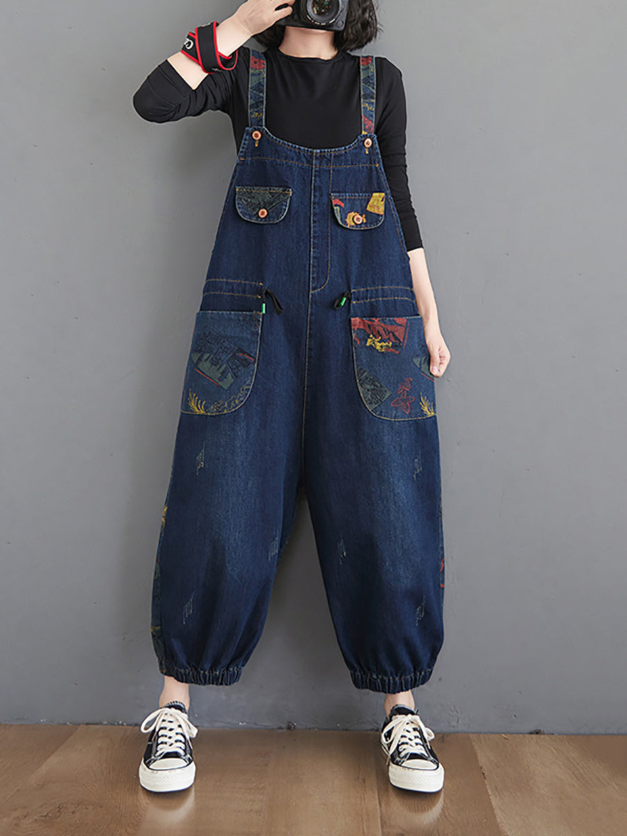 Women Casual Retro Print Pocket Loose Spliced Denim Jumpsuits