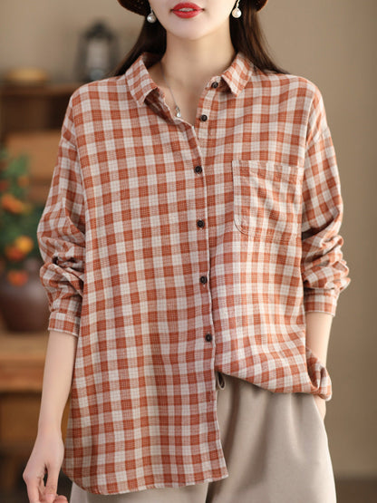 Women Casual Spring Cotton Plaid Shirt