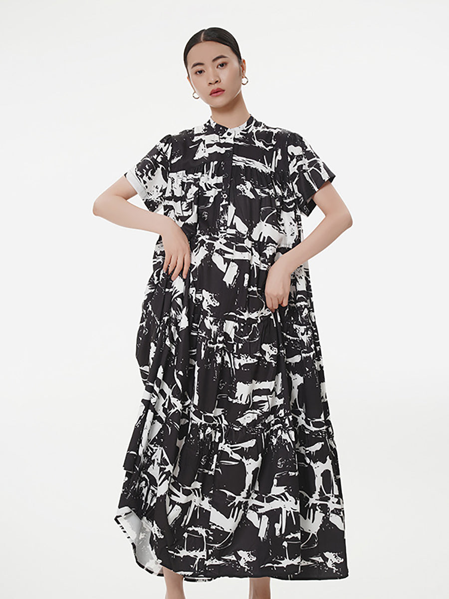 Women Summer Vintage Button Ink-print Pleat Loose Dress