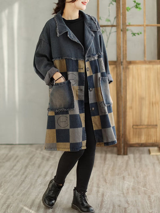 Women Spring Casual Spliced Plaid Pocket Denim Coat